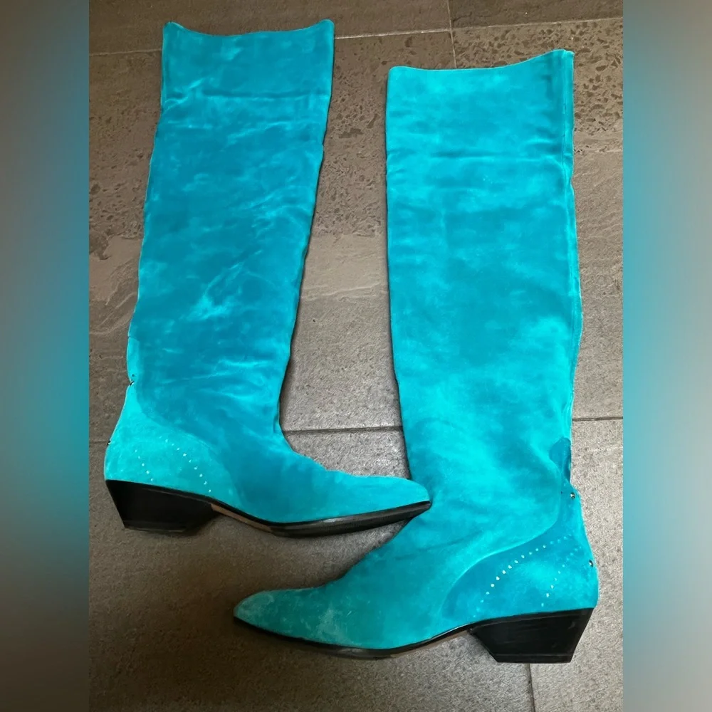 Vintage Neiman Marcus Teal Suede Knee Length Boots Size 37.5